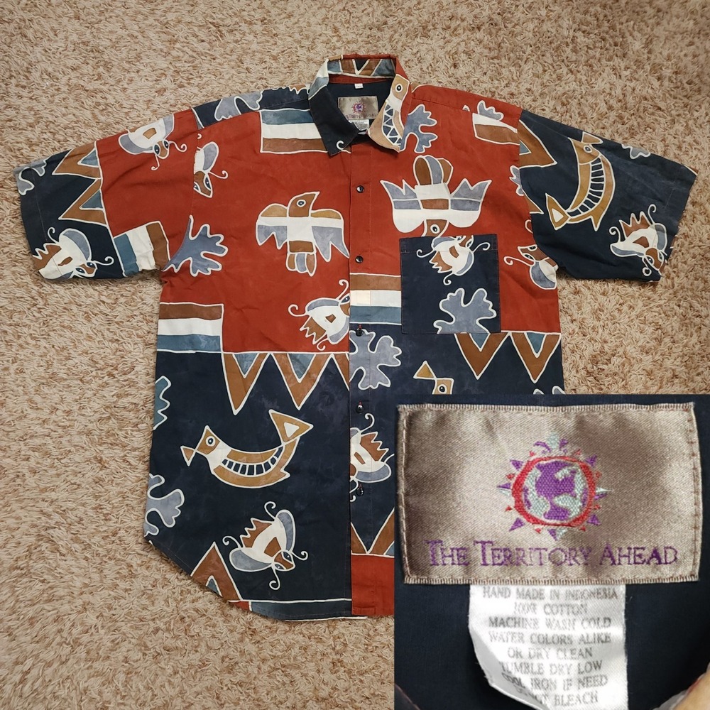 The Territory Ahead Bird Pattern Mens L Short Sleeve Button Up Casual Shirt